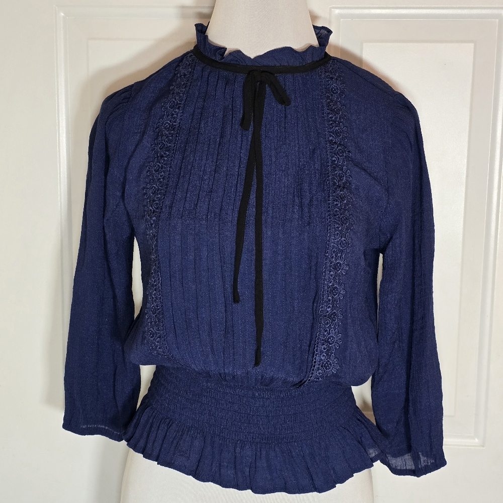 E&M Navy Blue Ruffle Neck Women's Top Size Medium
